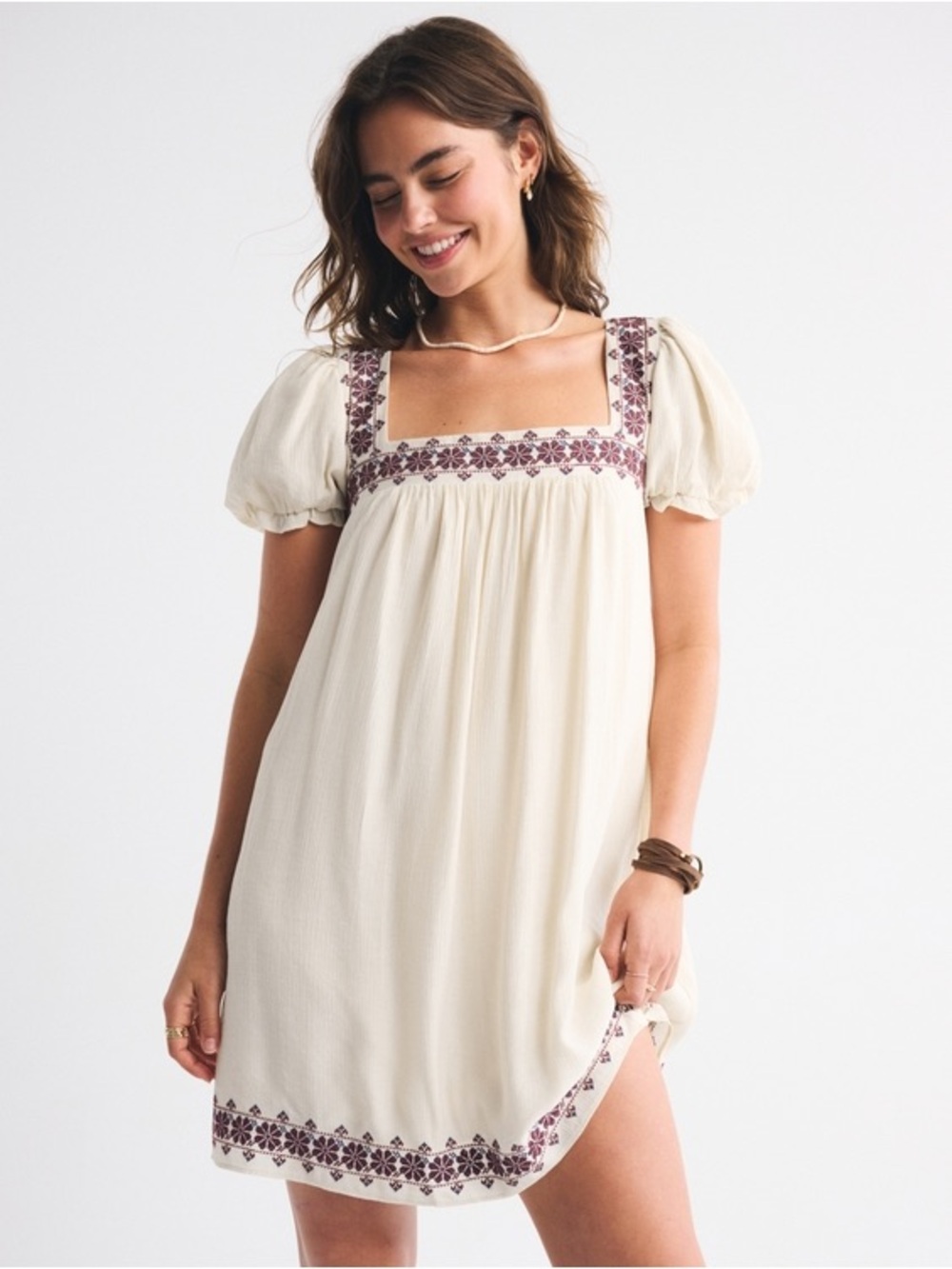 Abercrombie & Fitch Cream Mini Dress with Purple Embroidery